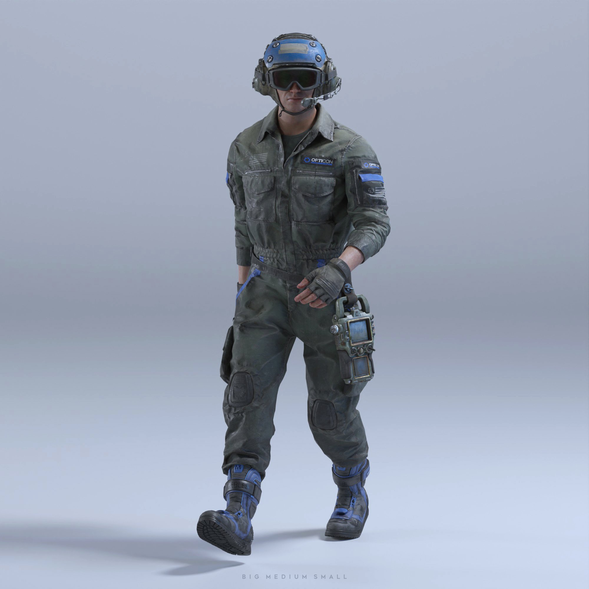 the image is a 3d render of a soldierlike character in a worn, dark olive green tactical jumpsuit. the jumpsuit has blue accents and patches, and the soldier is equipped with a blue helmet with a visor, goggles, gloves, knee pads, and boots that also feature blue accents. the soldier carries a small, boxy technological device on their hip. they are walking toward the viewer against a plain light gray background.  the overall style is realistic and gritty, suggesting a worn or battleused appearance. the image appears to be a character study, or a promotional render from a video game or film.
