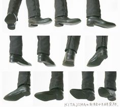 the image is a collage showcasing a pair of men's black dress shoes from various angles and in different walking positions. the focus is solely on the shoes and the lower portion of the legs, highlighting the design and fit of the footwear. the background is a consistent, neutral color, typical of product photography, to draw attention to the shoes.