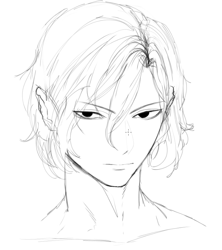 a digital sketch of an anime male character with short hair. the character is drawn in a simple style with black lines on a white background. the character's eyes are closed, and their expression is neutral. they have a small nose, full lips, and a slightly defined jawline.