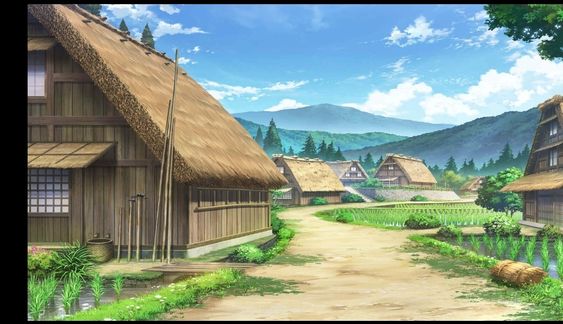 this is an anime illustration of a small village in a valley. the village is made up of traditional japanese houses with thatched roofs. the houses are surrounded by rice paddies and trees. there is a mountain in the background and a clear blue sky. the scene is peaceful and serene.
