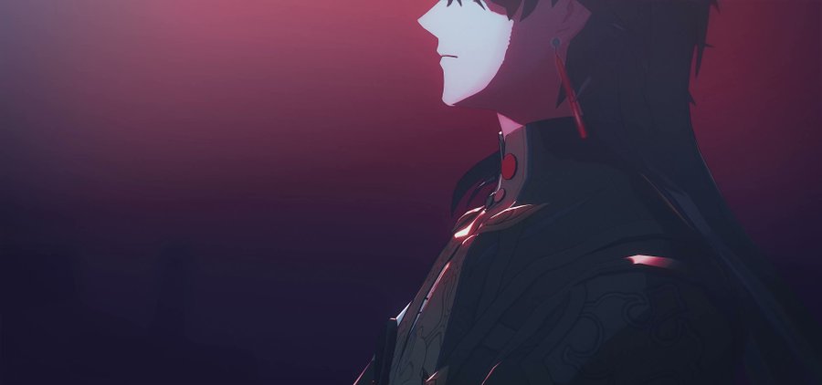 an anime character with long black hair wearing a black suit is looking off to the side. there are a few shades of red in the background and a little bit of lighting on the suit. the character seems to be in a pose of thought.