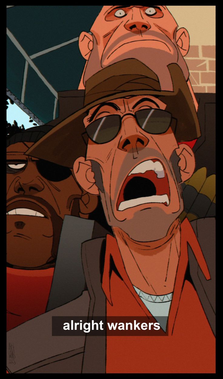 the image is a stylized illustration or fanart depicting three characters from the video game team fortress 2.  prominently featured is the soldier, mouth wide open, seemingly yelling the phrase "alright wankers," which is superimposed as text on the image.  behind him, partially obscured, are the heavy weapons guy and a portion of the demoman. their faces show expressions of surprise or anticipation. the style is a bold, graphic cartoon with flat coloring and strong outlines. the background suggests an outdoor setting, possibly a loading area. the overall mood is chaotic yet humorous.