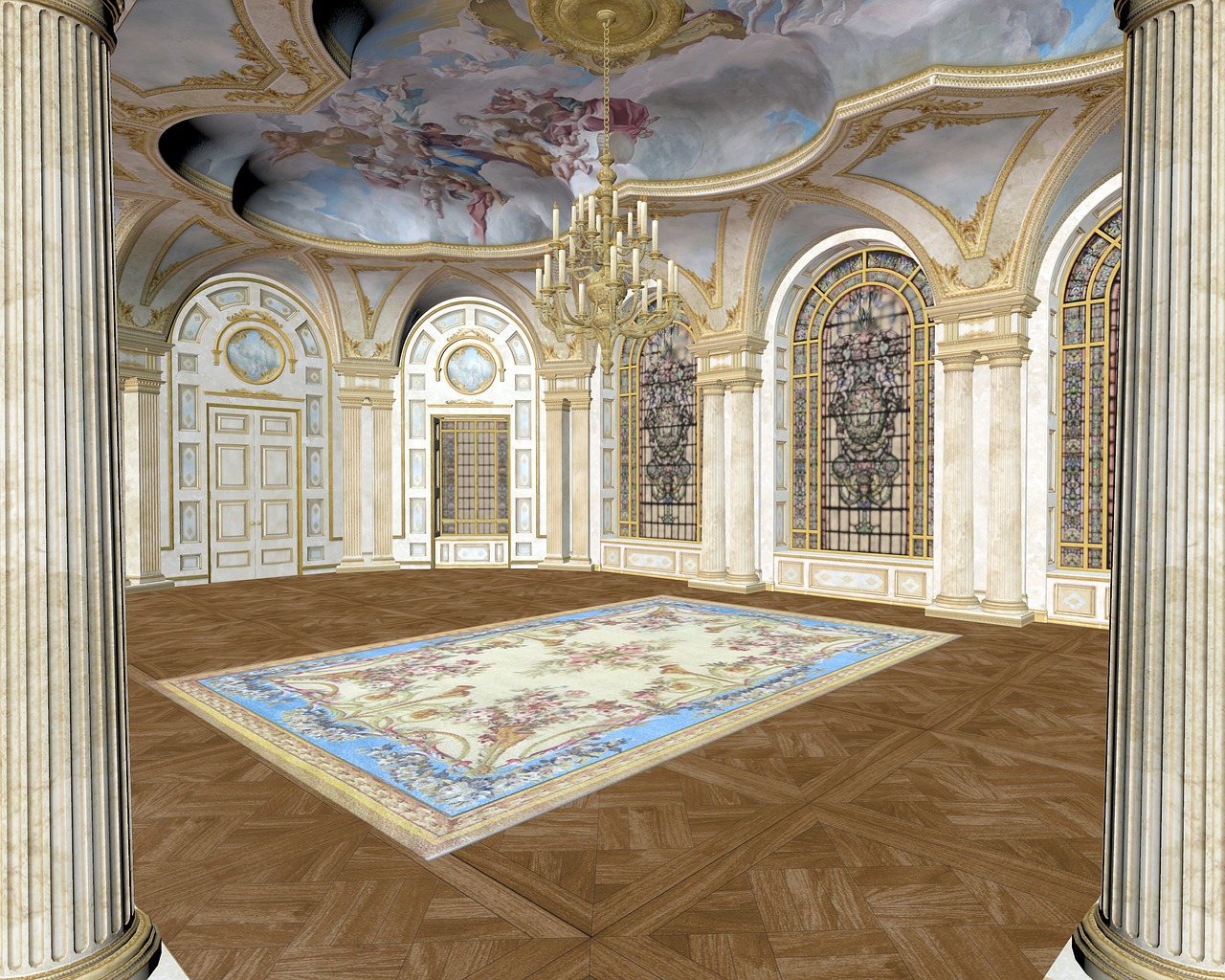 the image shows an opulent grand hall or ballroom with a high, painted ceiling depicting figures in the clouds. the room features classical architecture with ornate archways, tall columns, and large windows with stained glass. a grand chandelier hangs from the ceiling, illuminating the space. a patterned rug lies in the center of the room, resting on a parquet wood floor. the overall impression is one of luxury, elegance, and classic design reminiscent of a palace or mansion.