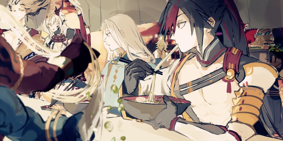 the image depicts a group of anime characters enjoying a meal together. the central figure is a muscular male with long black hair and red streaks. he is wearing a traditional japanese outfit and eating ramen with chopsticks. other characters are seated around him, enjoying a meal as well. the artwork is in a stylized anime style, featuring vibrant colors and dynamic poses.  the scene conveys a sense of camaraderie and enjoyment of food and company.
