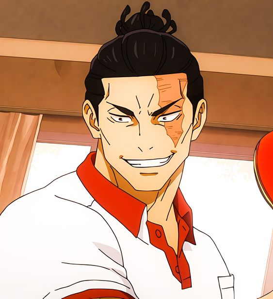 a portrait of an adult, anime man with short, black hair tied in a topknot. he has a burn scar on the left side of his face and a confident smirk. the man is wearing a red and white athletic polo shirt, suggesting he may be a ping pong player. the background implies he is standing in a room with a light wood floor.