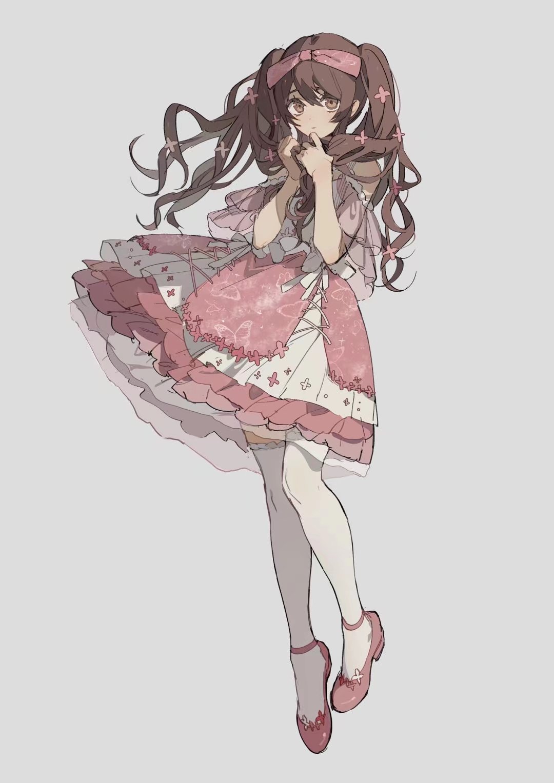 an anime girl with long, wavy brown hair styled into pigtails adorned with pink bows. she is wearing a pink dress with frills and an apron. she has white stockings and pink shoes. she is holding her fingers near her face with a cute expression.