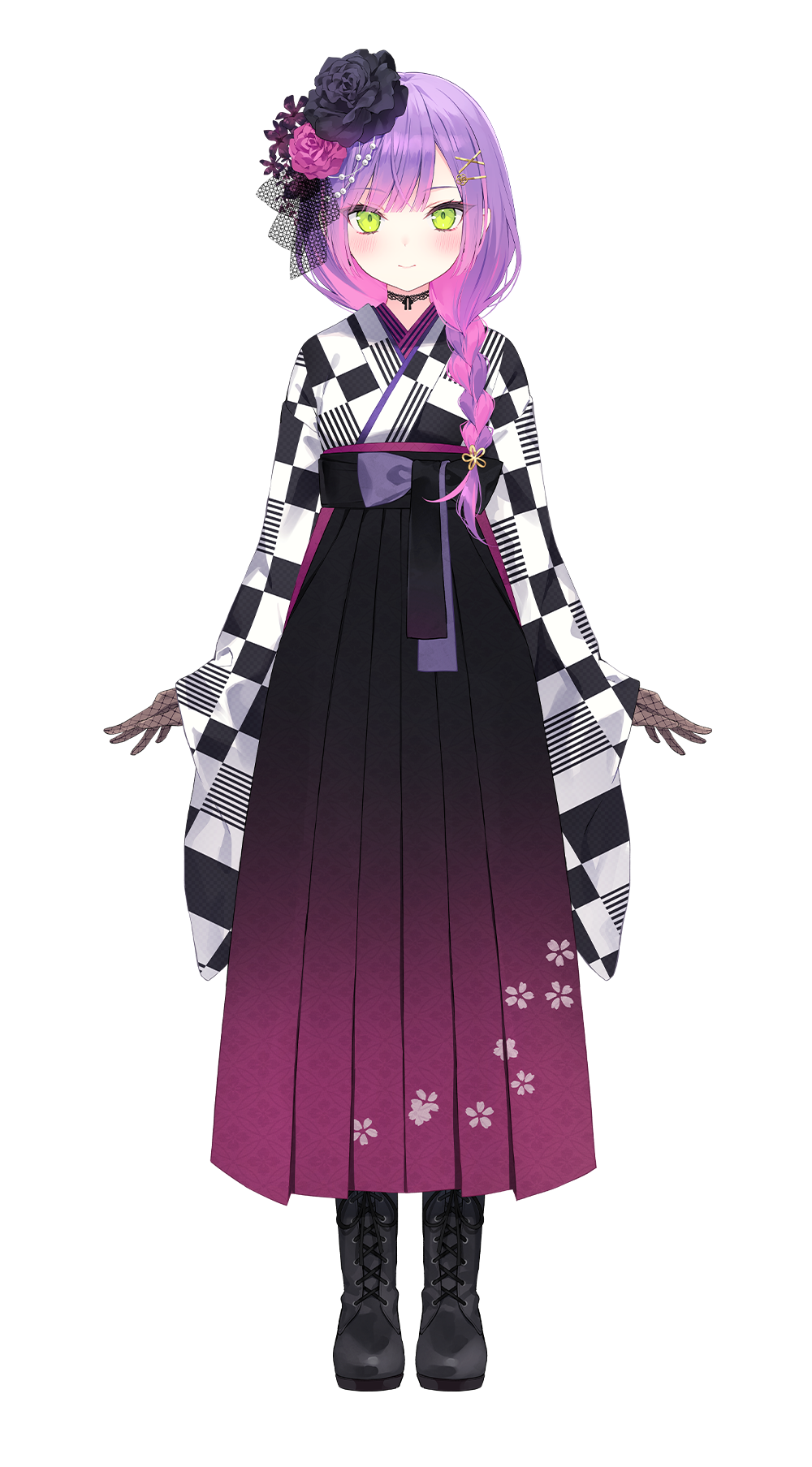 the image showcases a digital illustration of an anime girl dressed in a stylishly modern interpretation of a hakama outfit. she stands against a black background, her vibrant purple and black attire drawing the viewer's attention. her hakama, a traditional japanese skirtlike garment, features a gradient transitioning from black to a rich magenta, adorned with scattered pink floral patterns. the accompanying kimono, worn open, boasts a striking black and white checkered pattern. adding to her ensemble are black lace gloves and combat boots, lending a touch of edgy contrast. her lavender hair is partially styled in a braid adorned with a golden ornament, while a black rose with purple accents rests atop her head. her vibrant green eyes contribute to her captivating presence. the studio lighting accentuates the details of her attire and overall design, highlighting the seamless blend of traditional and contemporary elements in her ensemble.