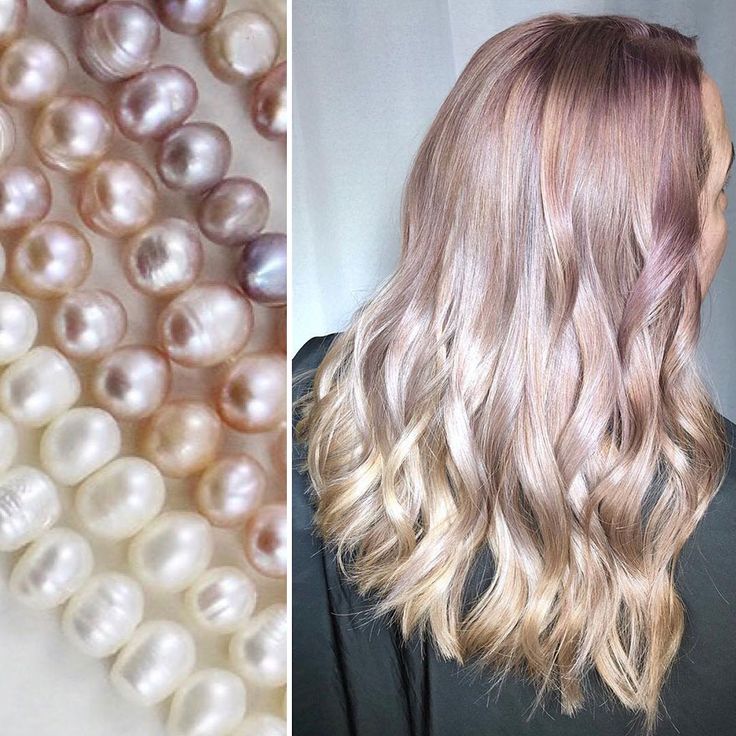 a closeup of a string of pearls, the pearls are white and pink, arranged in a pattern, in the other part of the image, a woman with long, curly, silver hair is shown.  the hair is highlighted with shades of pink and blonde. the image is taken from a back angle, the woman is looking down to the side.