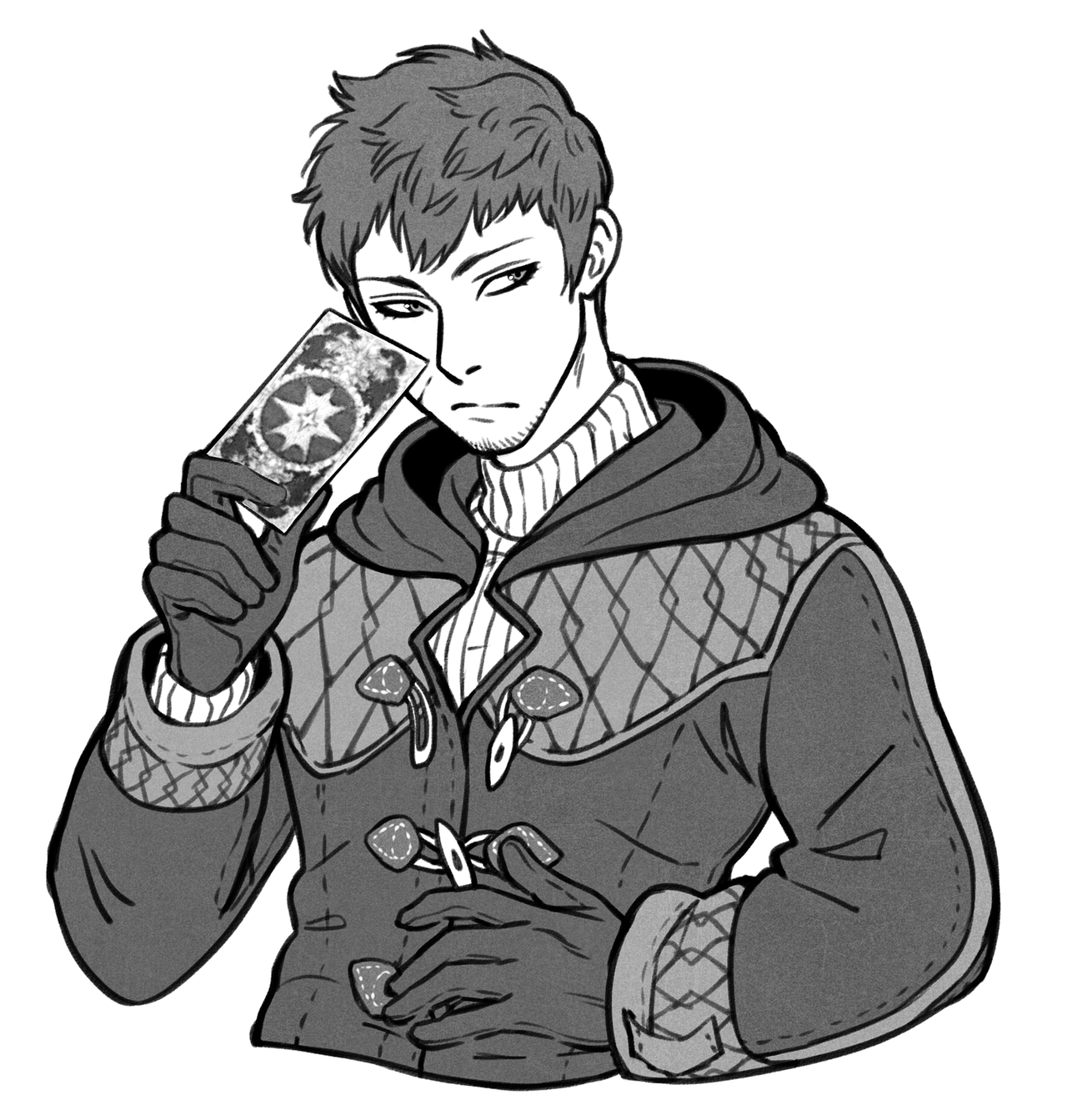 a black and white drawing of a man from the shoulders up. he is wearing a heavy winter coat with a pattern of squares on it and a turtleneck sweater. he is holding a card with a starlike symbol on it in his right hand and a pair of scissors in his left hand. he is looking at the viewer with a neutral expression. the background is white.
