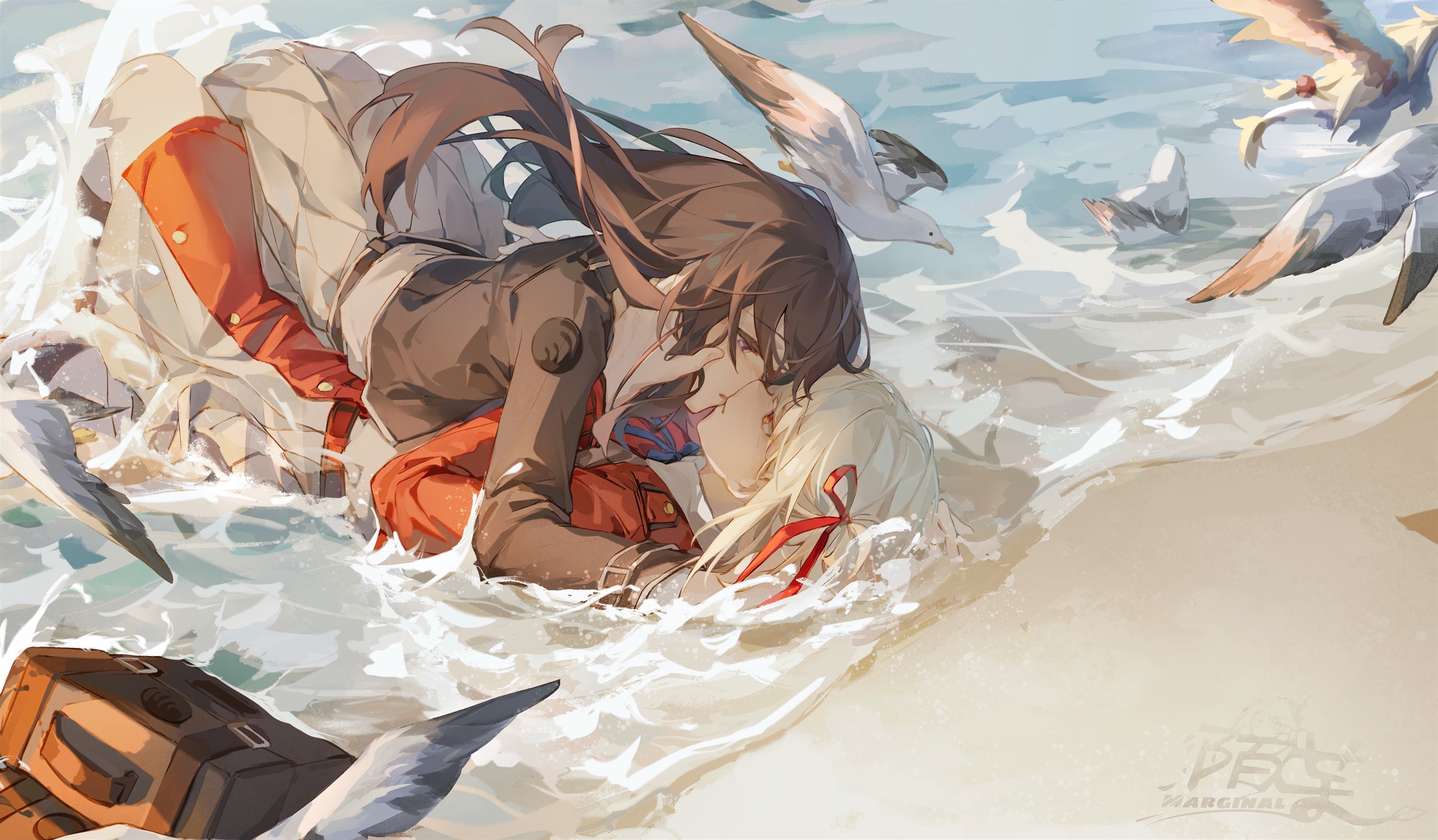 the artwork depicts two animestyle girls passionately kissing on a sandy beach.  they are surrounded by crashing waves and several seagulls. one girl has long brown hair and is wearing a dark brown jacket over a reddishorange top. the other has long blonde hair and appears to be wearing a lighter colored outfit. the overall mood is romantic and affectionate. the style is reminiscent of a light novel or manga illustration, with a soft, slightly painterly quality to the digital art. a suitcase is partially visible in the lower left corner, suggesting travel or a vacation. a stylized signature, potentially "marginal" or similar, is present in the lower right.