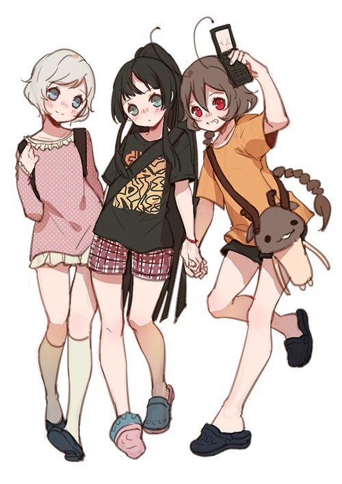 this is an anime cartoon image of three teenage girls walking. the girl in the middle is wearing a black tshirt with a graphic on it, plaid shorts, black shoes, and a long ponytail. the girl on the left is wearing a pink sweater with white polka dots, black shoes, and a white headband. the girl on the right is wearing an orange tshirt, black shorts, black shoes, and has brown hair in two pigtails. she has a brown, deershaped bag with antenna hanging from it, and she is holding a cell phone in her hand. all three girls are smiling and looking happy.