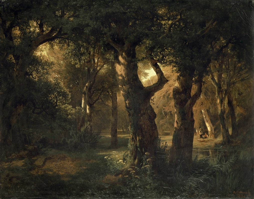 this is a painting depicting a forest scene. sunlight streams through the trees, casting dappled light and long shadows on the ground. several figures are visible in the distance near a small stream. the overall impression is one of a serene and peaceful woodland. the painting is done in a romantic style.