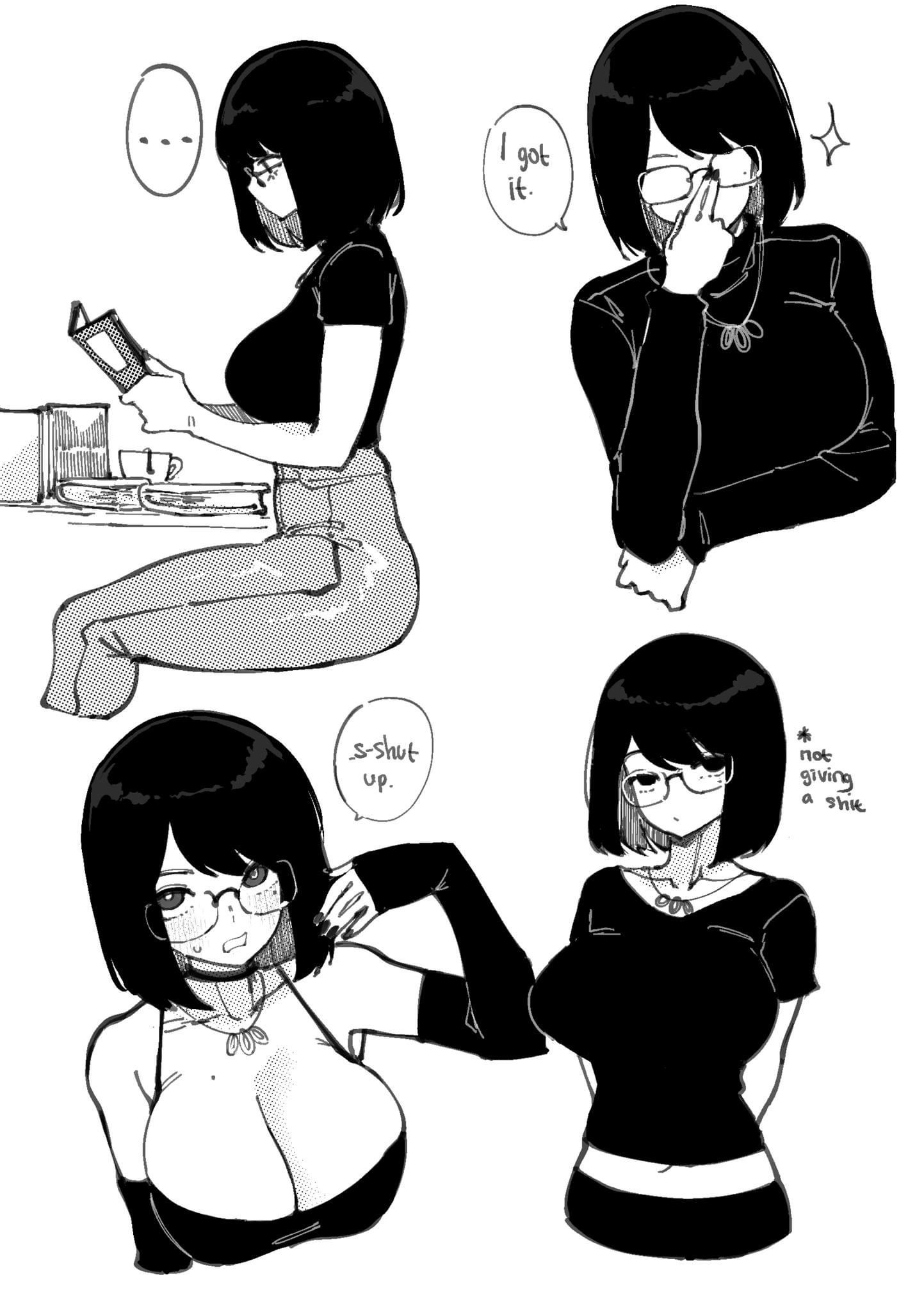 he image contains four illustrations of animestyle girls. three have black hair and are wearing glasses. one is reading a book while sitting. another is standing with a confident expression. the third is standing and looks sassy. the fourth one is sitting, and seems less confident.  each girl is wearing dark clothing and has a slightly different expression.  speech bubbles with text are included, suggesting a conversation or narrative. the art style is loose and expressive.