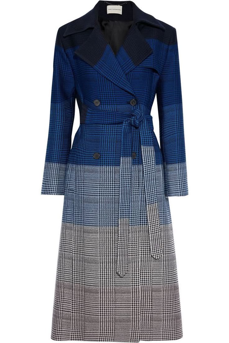 a long, belted, doublebreasted coat with a notched collar and plaid pattern. the upper part of the coat is blue with a dark blue collar, the middle section is a lighter blue and white plaid, and the bottom is a black and white plaid.