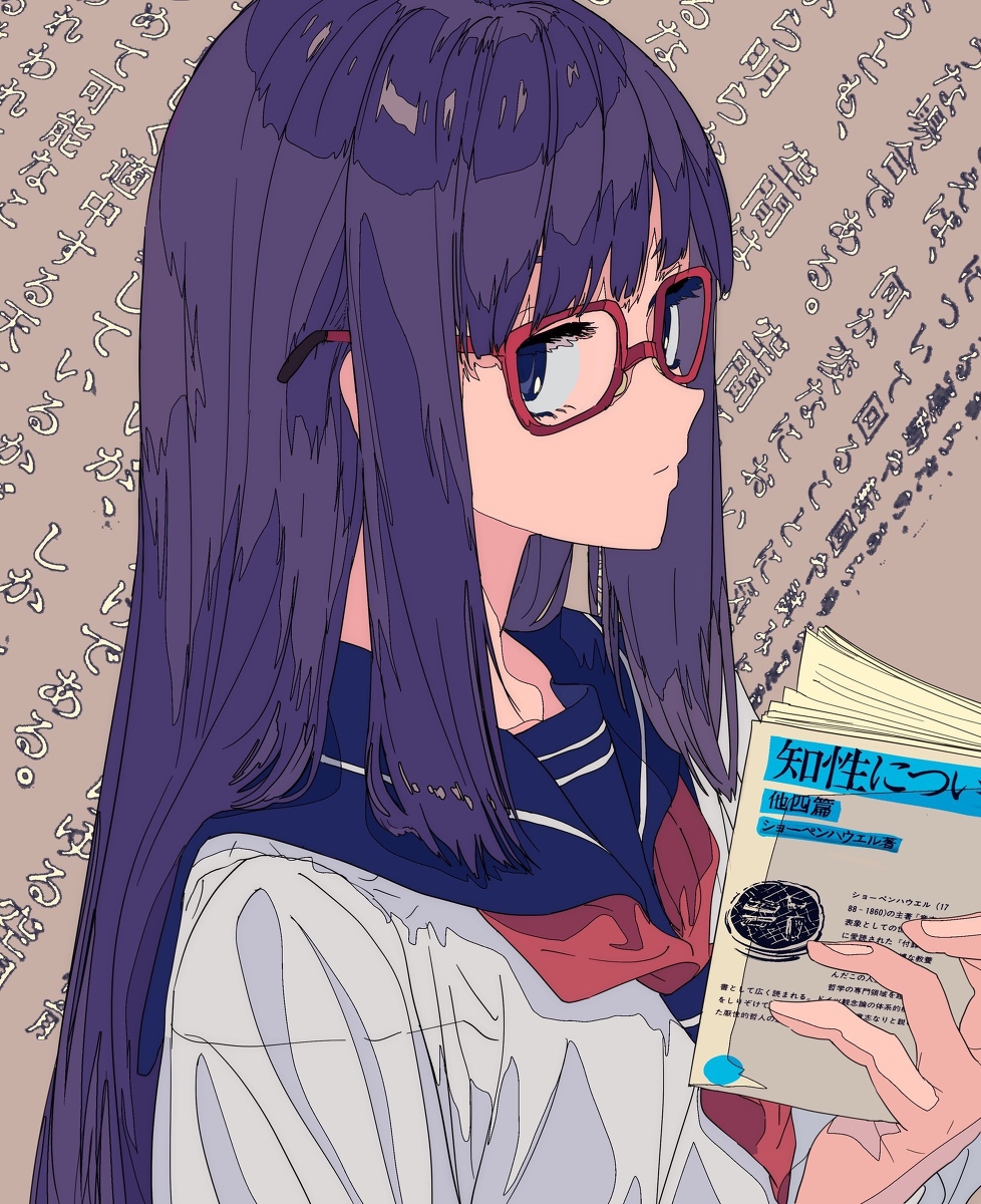 the image depicts an animestyle schoolgirl with long, dark purple hair. she wears glasses and a school uniform with a sailor collar. she is holding a book in her hands, appearing to be reading. the background features japanese text and a muted, pastel color scheme. the overall style is soft and slightly melancholic, with a focus on the girl's contemplative expression.