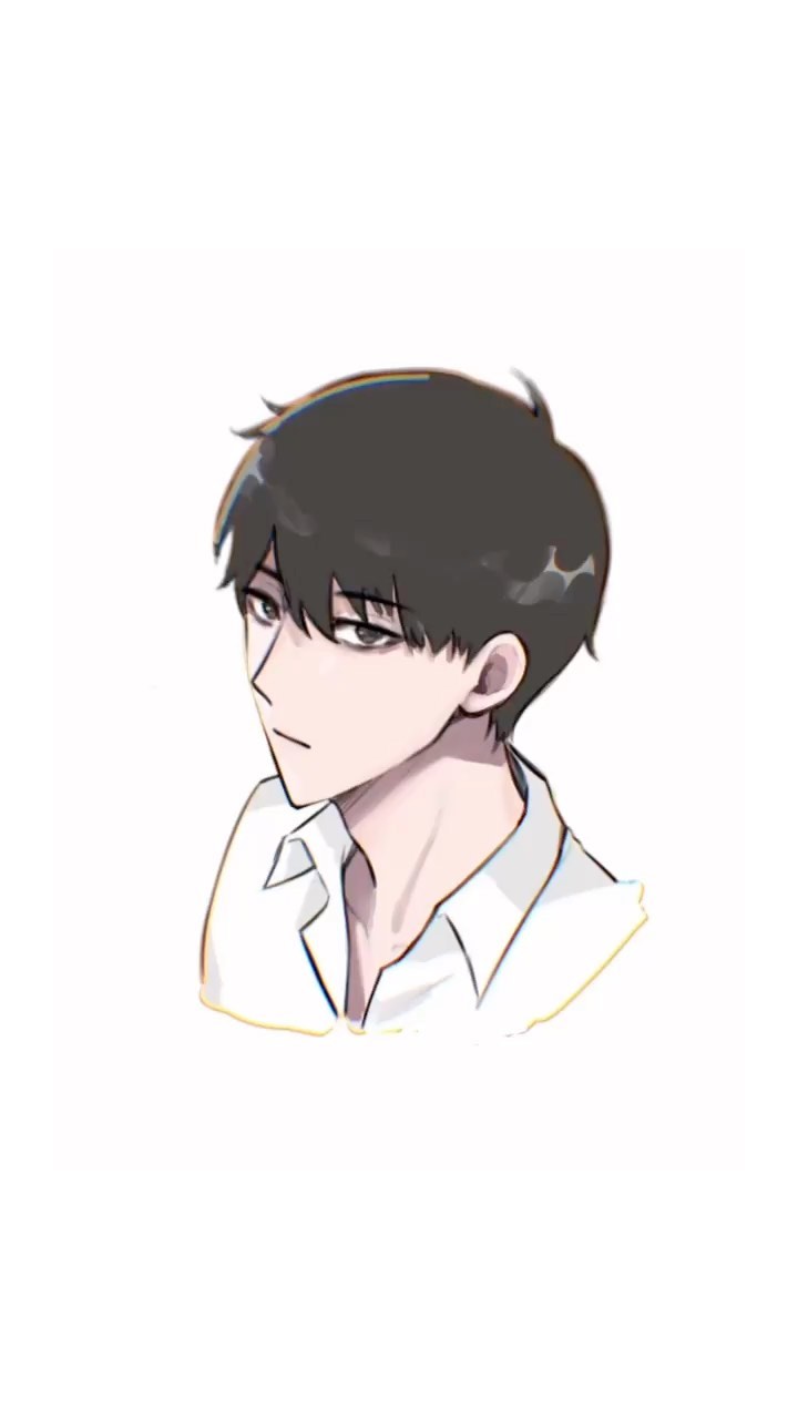 he image is a digital drawing of a young animestyle boy. he has short, dark hair, and is wearing a white collared shirt. his expression is calm and serious. the drawing style is clean and simple, with a minimalist background. the overall style is cute and handsome.