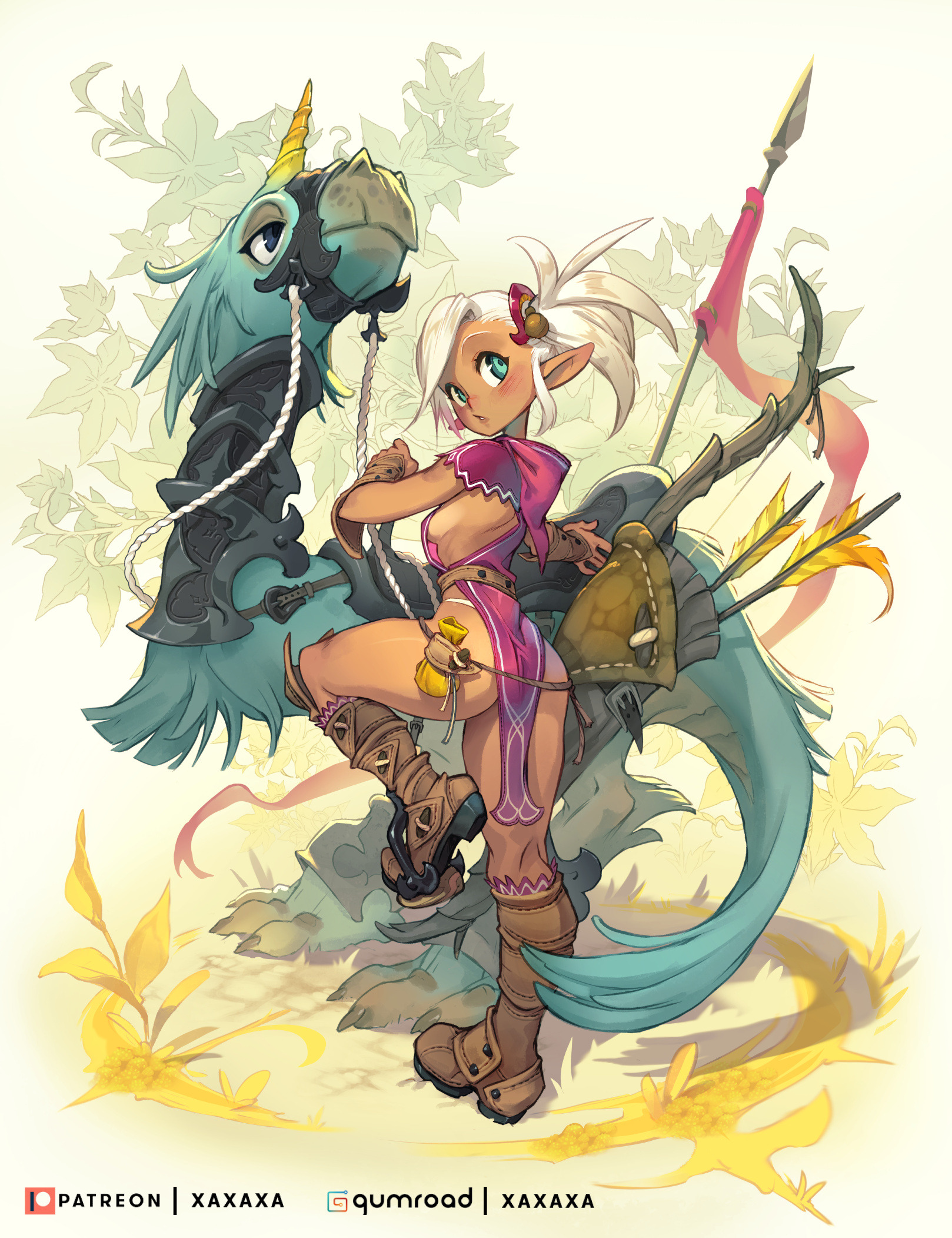 the image depicts a female elf warrior on horseback, riding a fantastical creature.  she is clad in leather armor and appears to be ready for battle, armed with a bow and arrows. the creature she rides is a hybrid of a bird and a reptilian creature, with feathers and scales, and a long tail that trails behind her. the background is a lush forest setting with a vibrant palette of colors, with a focus on yellow, green, and brown.  the elf and her mount are the primary subjects of the image, while the forest backdrop adds to the sense of fantastical adventure and adventure.  the image has a vibrant, colorful, and whimsical feel.