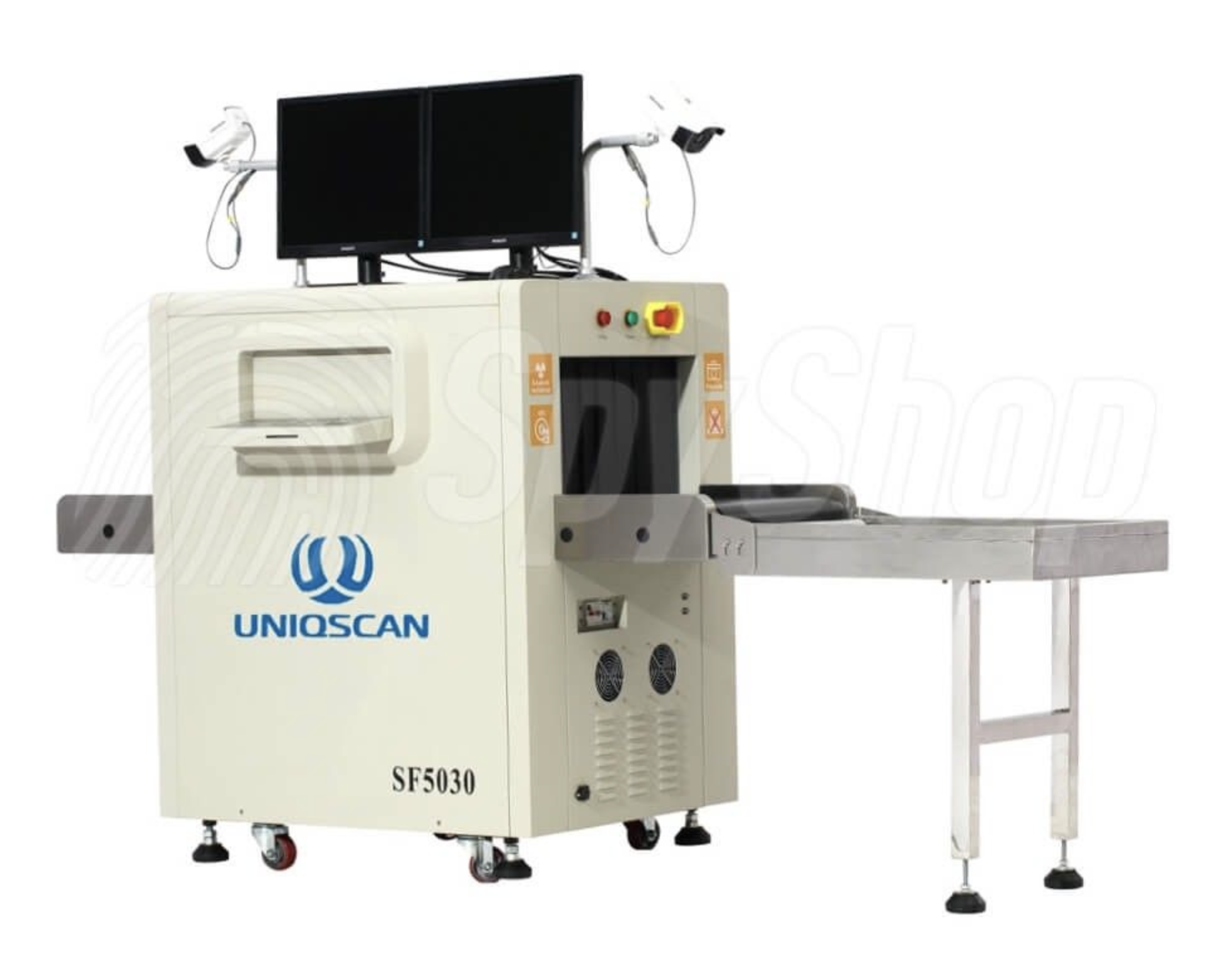 an image of a security scanner machine.  the machine has two monitors, a conveyor belt, and a control panel. it is white and gray in color.  the brand of the machine is uniqscan.  the model number is sf5030.  the machine is likely used to scan luggage at airports and other security checkpoints.