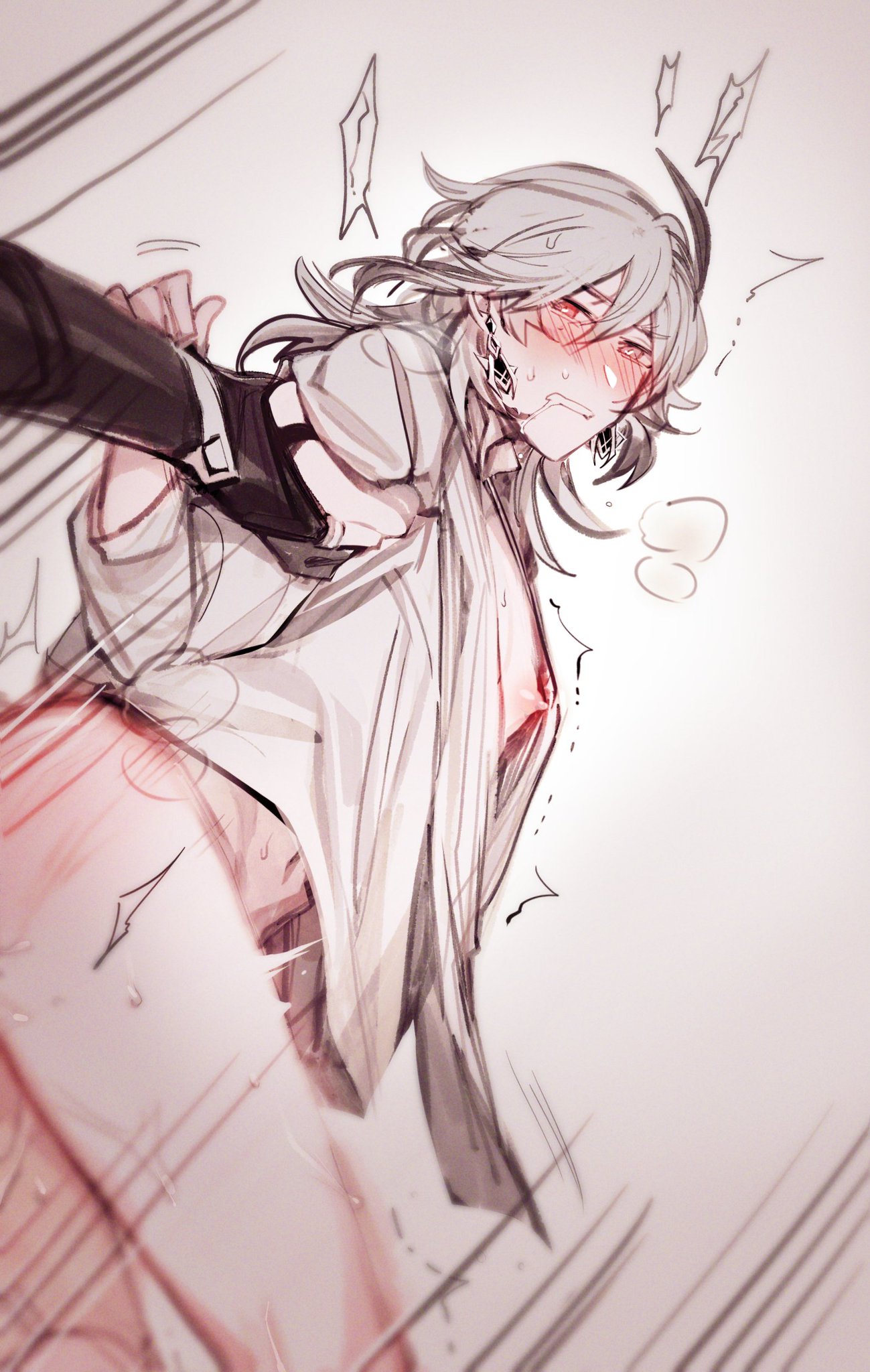an illustration of an anime character with long white hair and a white shirt, blushing deeply and looking upwards with wide eyes. the character has black arm and is holding a black arm holding a black arm. they appear surprised, nervous, or embarrassed. the artwork has a comic style and is likely a digital illustration. the background is a soft pink with a few scribbled lines that appear to be motion lines.