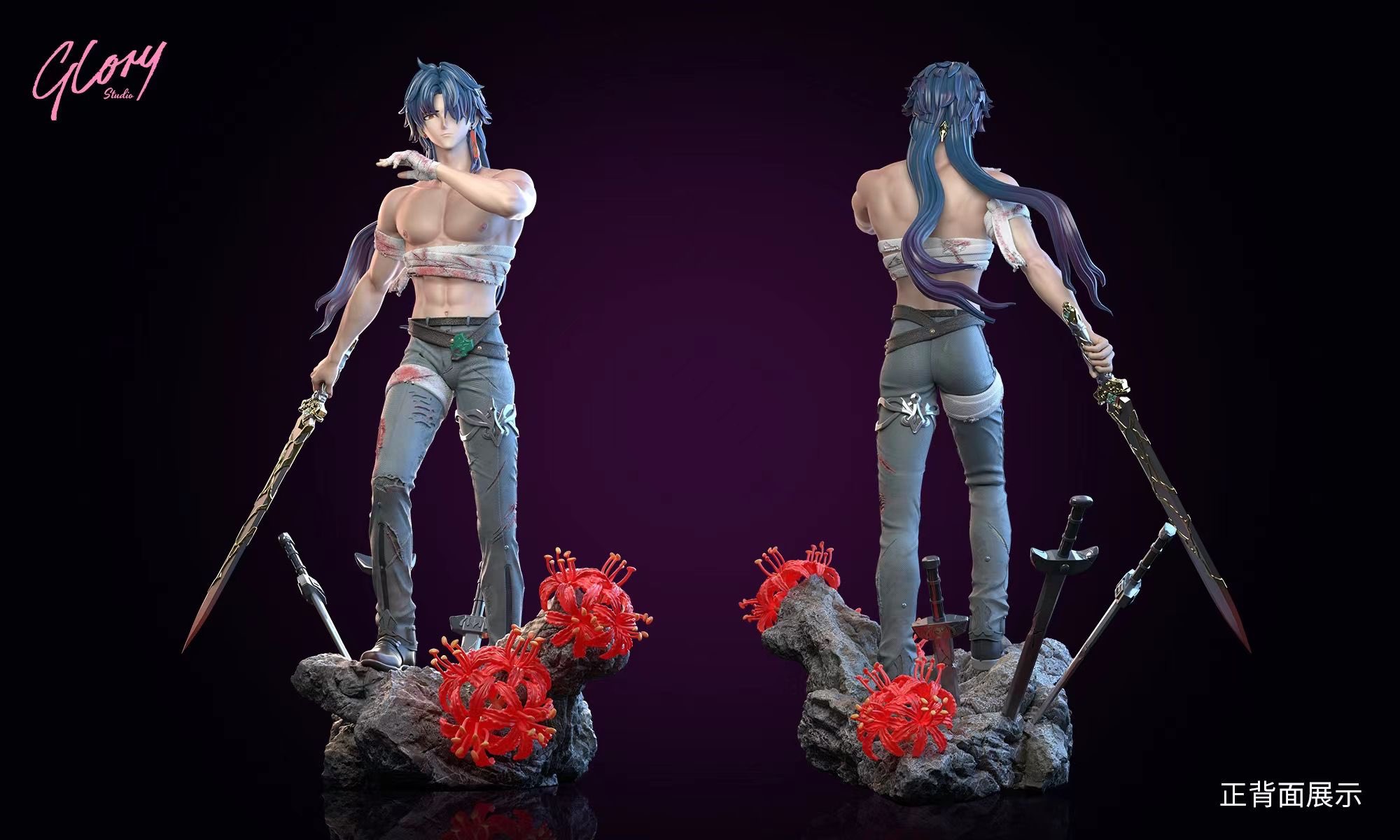 this is an image of a male anime figurine. it is a warrior holding a sword and wearing a tattered outfit and pants. the figurine is standing on a base with red spider lilies and other swords.  the figurine is a highquality 3d model and has a detailed design.