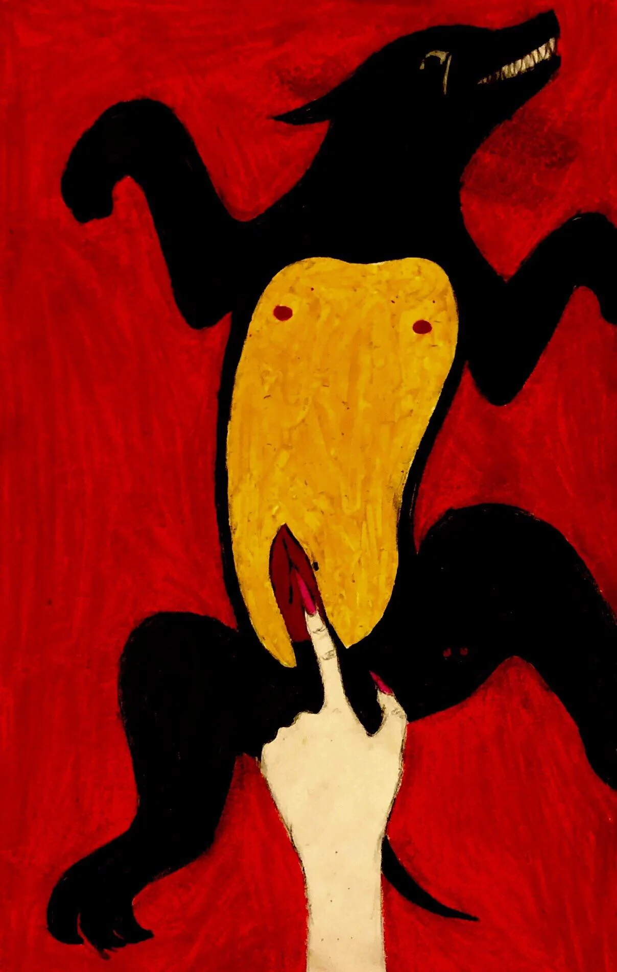 a surreal painting with a red background features a black wolflike creature with a yellow torso. a pale hand with long, red fingernails touches the wolf's torso. the painting style is somewhat raw and expressive.