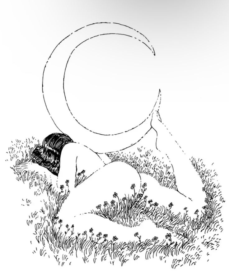 the image is a black and white line drawing of a nude woman reclining in a field of grass and wildflowers.  she is positioned with her back slightly arched, her body partially obscured by the tall grass. a large crescent moon arches over her head. the style is artistic and evocative, suggesting a dreamy or ethereal atmosphere. the lines are delicate and detailed, with fine shading used to create depth and texture in the grass.  the overall mood is peaceful and serene.