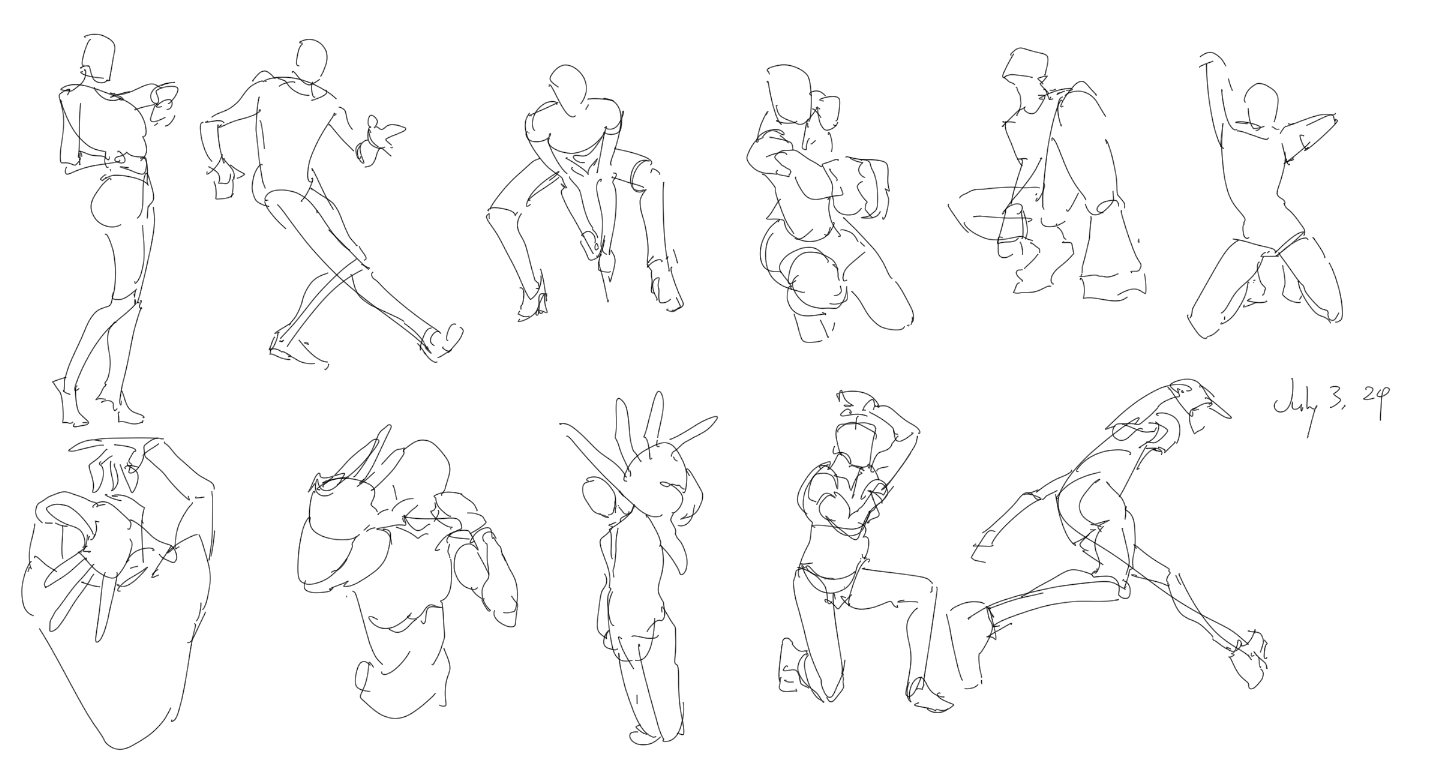 a page of figure drawing sketches showing people in various poses.