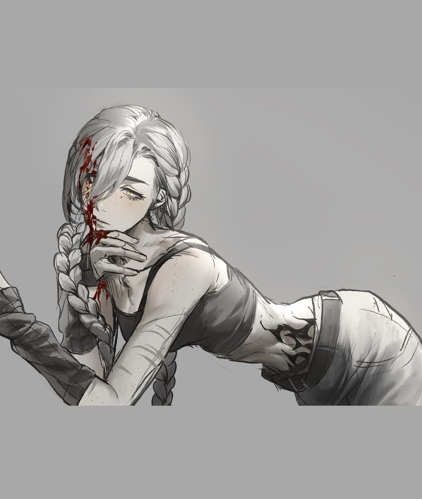 the image is a grayscale illustration of a young woman with long, braided white hair. she is drawn in a dynamic, almost crawling pose. her expression is serene despite having blood running down her face from a wound above her eye. she has bandages wrapped around her arm and appears to be wearing a sleeveless top and cargo pants. the style of the drawing leans towards anime and manga aesthetics.