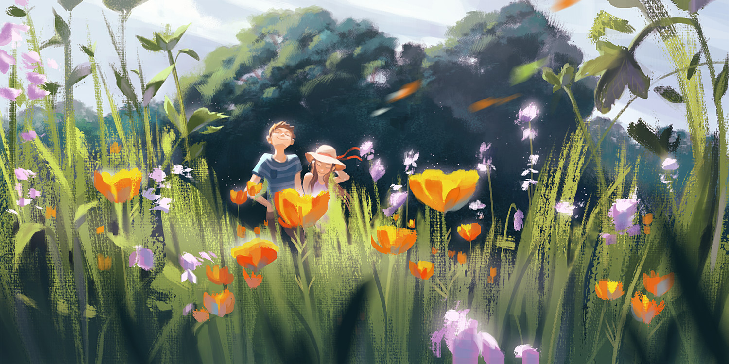 a digital painting of a couple standing in a field of flowers. the man is wearing a blue and white striped shirt and the woman is wearing a white dress. they are both smiling and looking at each other. the flowers are yellow, orange, and purple. the background is a blurred image of green trees and a blue sky. the overall tone of the painting is happy and romantic.