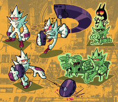 there are five drawings of a cartoon character on a yellow background. the character is green with a white head and is wearing headphones. the character is shown in different poses, some of them holding musical instruments.