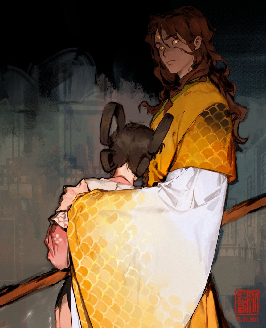 an illustration depicting a tall, lightskinned person with flowing brown hair and glowing golden eyes, wearing a yellow robe patterned with dragon scales and a white undergarment, embracing a smaller person with dark hair in a complex hairstyle. they are standing near what appears to be a wooden rail or fence, with a dark and slightly blurred background featuring windows and the suggestion of a building's interior. the image style is reminiscent of anime art with a touch of fantasy elements. there seems to be affection between the two figures.