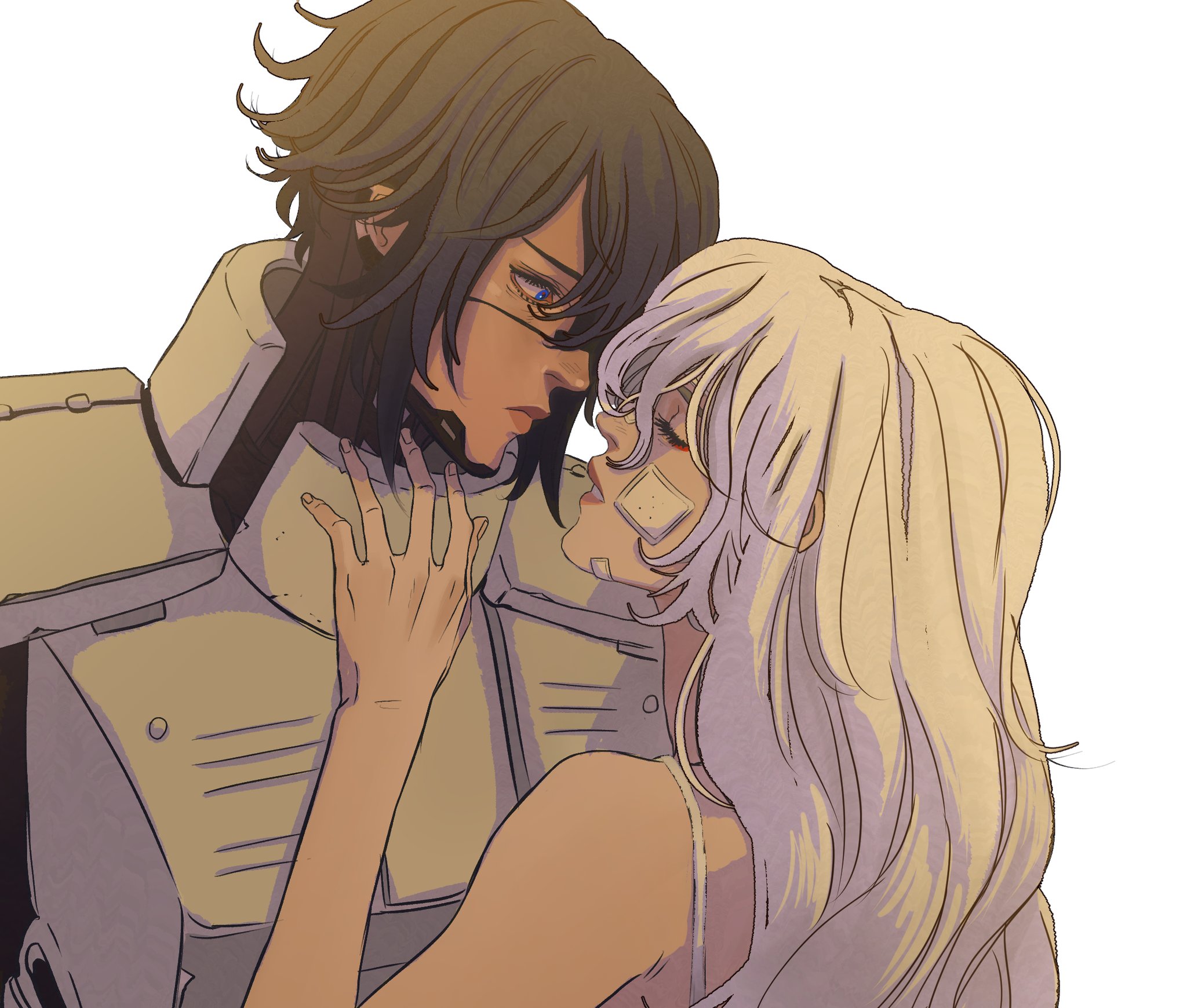 an illustration of two women facing each other in an embrace. one woman has dark, short hair, glasses, and is wearing armor. her hand is on the second woman's chest. the second woman has light, long hair, and bandages on her face. they are both looking at each other with a romantic expression.