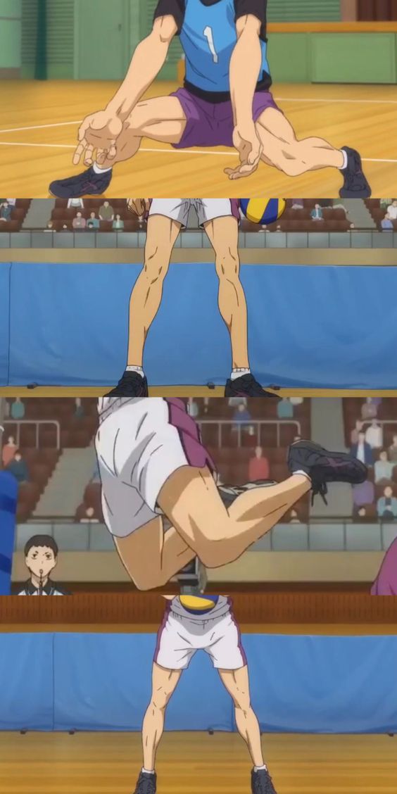 this is a cartoon image of a volleyball player in different actions. the first image shows the player stretching his legs. the second image shows the player's legs from the knee down as he is ready to spike. the third image shows the player jumping up in the air to spike the ball. the player is wearing a white jersey with yellow and black trim, black shorts, and a black headband. there are other volleyball players and spectators in the background. the scene is set in a gym, and the action is fast and exciting.