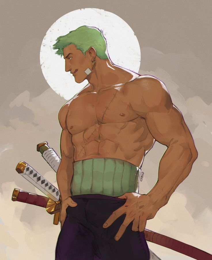 the image is a digital painting or illustration of roronoa zoro, a popular character from the anime and manga series "one piece".  he's depicted in a stylized manner, showcasing a muscular and toned physique. zoro is shown from the waist up, in a threequarter view, with his three swords resting at his hip. his signature green hair is prominent, and he wears his characteristic green bandana.  the background is a muted beige with a large, soft circle behind him resembling a moon or sun,  giving the piece a somewhat dreamy or ethereal feel. the style is a blend of anime and a more realistic rendering of the character's musculature. the overall tone is artistic and expressive.