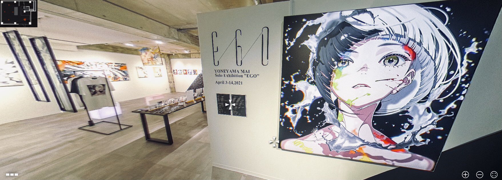the image shows a panoramic view of an art gallery with a focus on a large animestyle painting of a woman with black and white hair. the painting is mounted on a white wall with a small description plaque next to it.  other artwork is visible on the walls in the background, and a display table with merchandise is in the center of the room. the gallery is welllit with artificial lighting, and the overall ambiance is modern and minimalist.