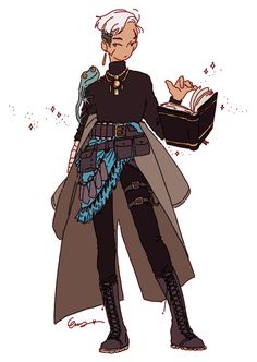 a fullbody illustration of a stylish wizard with white hair and a mischievous smile. they are dressed in dark, flowing clothing with many pockets and straps, suggesting practicality for carrying magical implements.  a frog perches on their shoulder, likely their familiar, and they hold an open spellbook in one hand. the style leans towards a modern fantasy aesthetic.