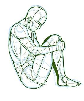 a black and white sketch of a man sitting with his legs crossed and his arms wrapped around his knees. he is looking down at his lap and appears to be sad or depressed. the sketch is done in a minimalist style with only basic lines and outlines. the image is expressive and captures a feeling of sadness or loneliness.