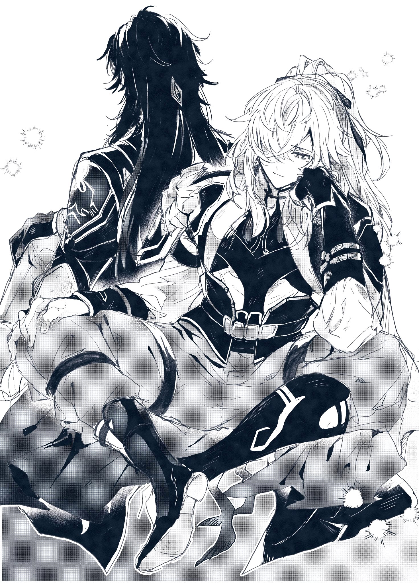 this black and white image features two anime characters. the character on the left is facing away from the viewer, but their arm is wrapped around the right shoulder of the character on the right, who is facing the viewer and has their hand on their chin. they are both wearing armor and futuristic clothing. the character on the right has a white and black color scheme while the character on the left is dressed in a black and grey color scheme. the image gives off a cool and stylish vibe. the characters are possibly in the middle of a battle, or getting ready to fight.