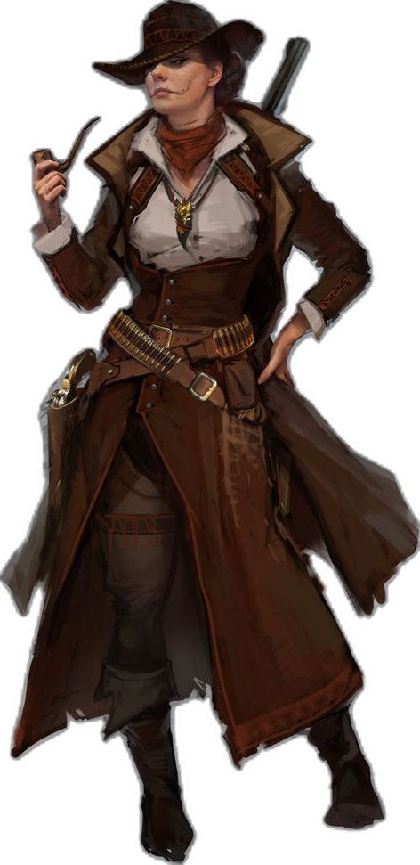 the image is a digital painting or illustration depicting a female gunslinger or cowgirl character.  she's dressed in a long brown duster coat, a brown and white top, leather boots, and a widebrimmed hat. she has a pistol in a holster on her hip and a rifle slung over her shoulder.  she holds a pipe in one hand and has a confident, almost mischievous, expression on her face. the style is reminiscent of western or wild west themes with some fantasy elements incorporated into the character's design and attire. the artwork appears to be concept art for a game or book.