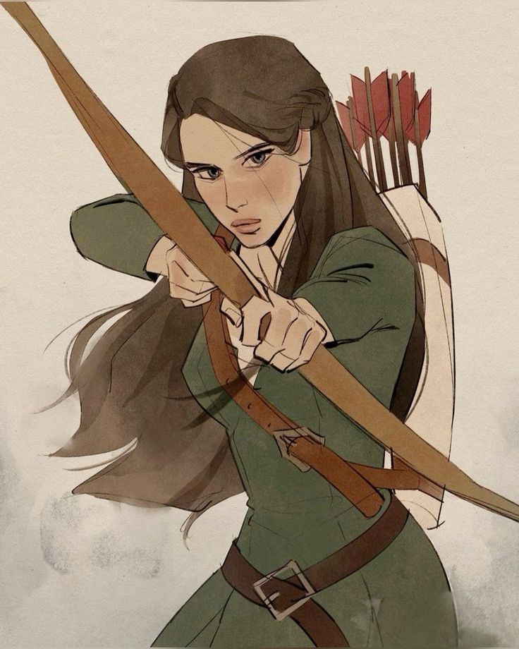 the image is a digital painting or illustration of a young woman, likely a fantasy character, who is an archer. she has long brown hair and is dressed in a green medievalstyle dress with a brown leather belt and quiver of arrows on her back.  she is depicted in the act of aiming a longbow, with a serious and focused expression on her face. the art style is painterly and somewhat loose, with soft shading and a muted color palette. the background is a simple light beige, keeping the focus on the figure. the overall mood is one of strength and readiness.