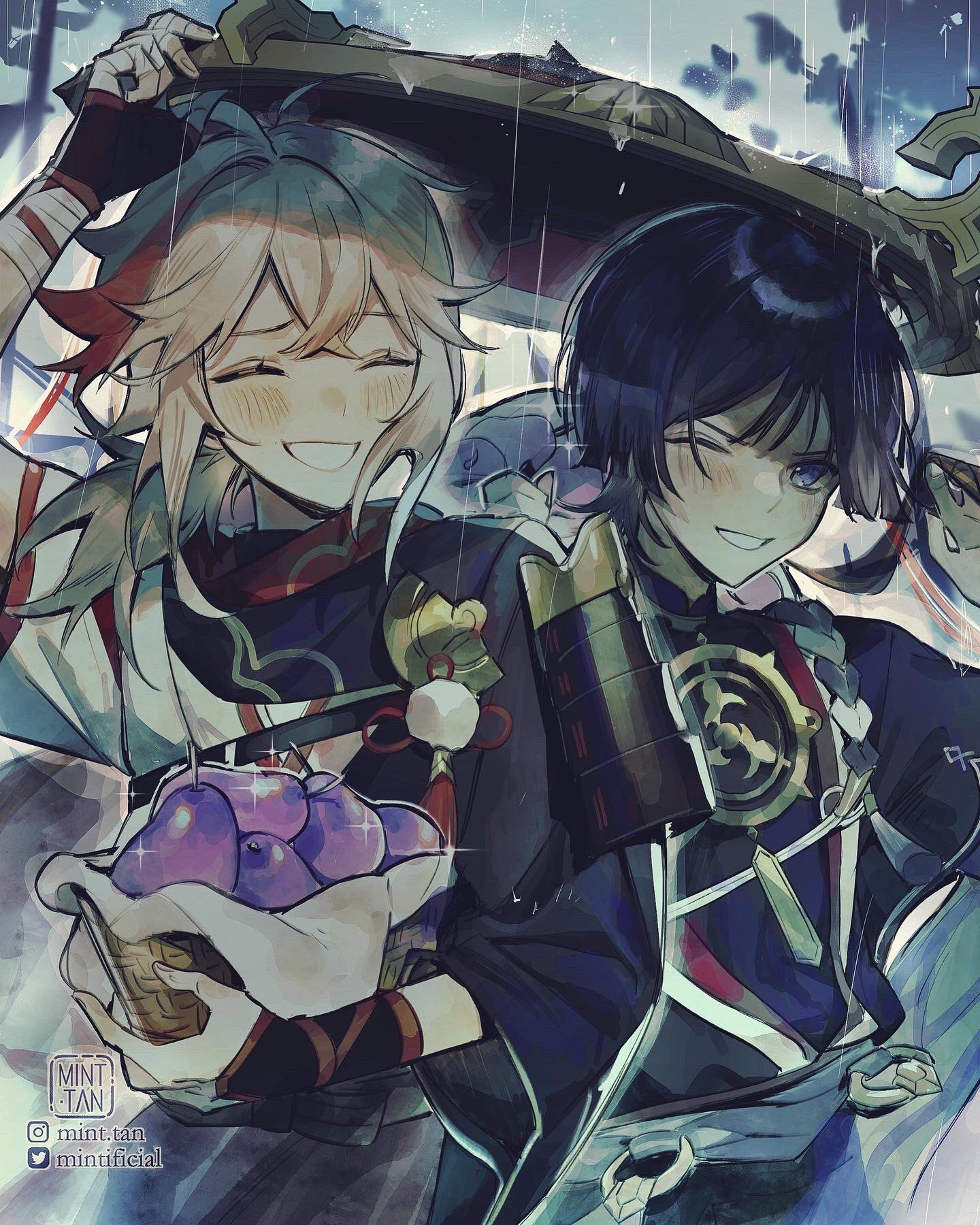 this is a digital art illustration featuring two characters from the popular video game "genshin impact," kazuha and kamisato ayaka. the characters are depicted as animestyle illustrations, with kazuha on the left and kamisato ayaka on the right. the scene is set under a light rain, as an umbrella is held above them. the characters appear to be smiling, and are enjoying each other's company. kazuha is holding a basket full of blue and purple fruits, while kamisato ayaka is wearing a blue and white outfit with a red sash. the illustration is detailed and dynamic, capturing the personalities of the characters and the playful atmosphere of the scene.