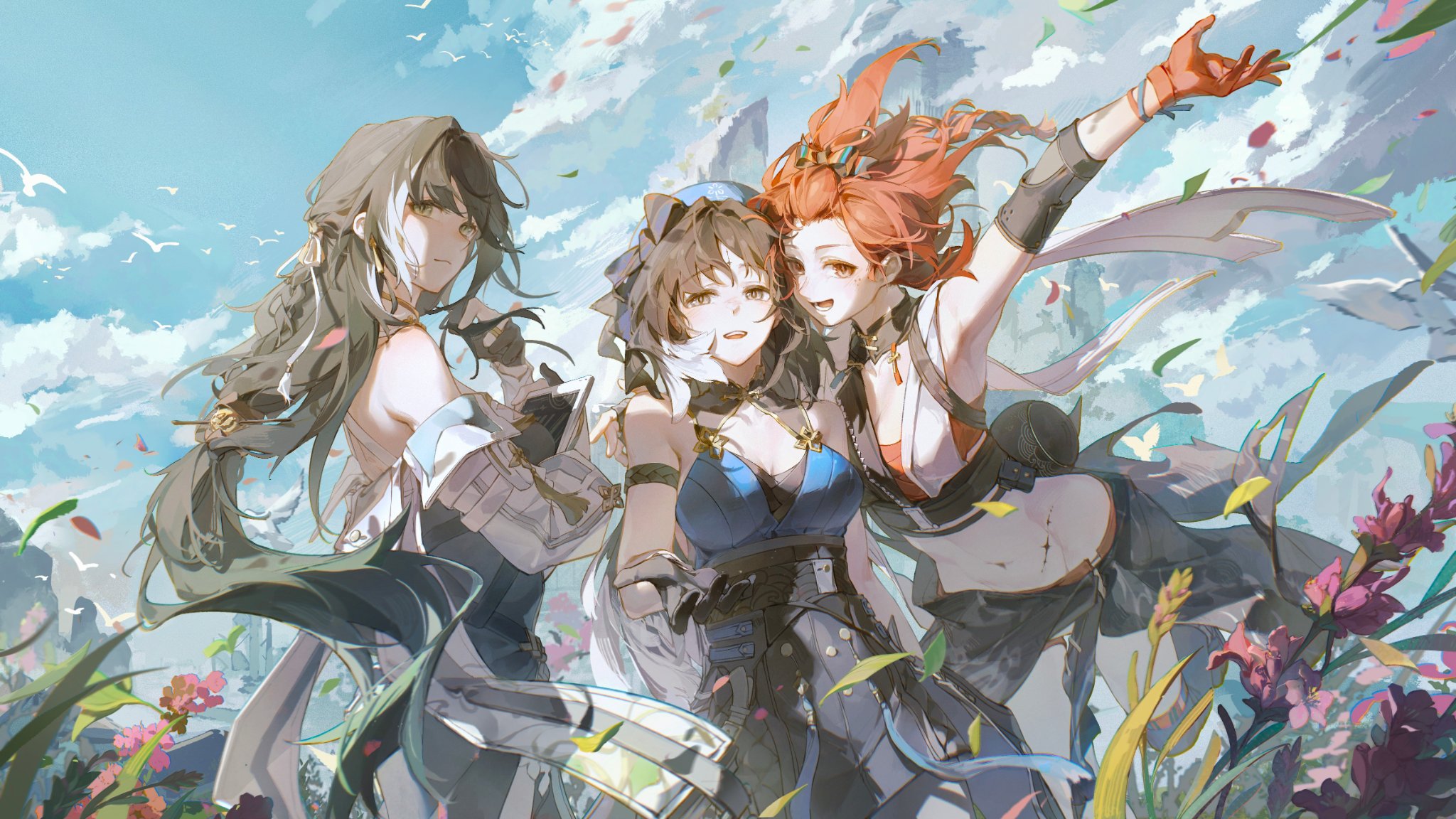 the image shows three female characters from the game genshin impact. they are standing in a field of flowers with mountains in the background. the sky is blue and cloudy. the lighting is bright and sunny. the overall atmosphere of the image is happy and carefree.