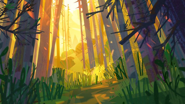 the image is a digital painting or illustration depicting a stylized forest scene.  the style is semiabstract, with clearly defined shapes and vibrant, almost saturated colors. sunlight streams through the trees, creating a warm, golden glow.  the trees are tall and slender, with a slightly geometric feel to their forms.  a path or trail winds through the forest, disappearing into the distance. the grass and undergrowth are lush and green, contrasting with the golden light and the purpletoned tree trunks. the overall mood is peaceful and slightly whimsical, evoking a sense of fantasy or fairytale.  the artwork is highly textured and uses a variety of brushstrokes to create depth and visual interest.