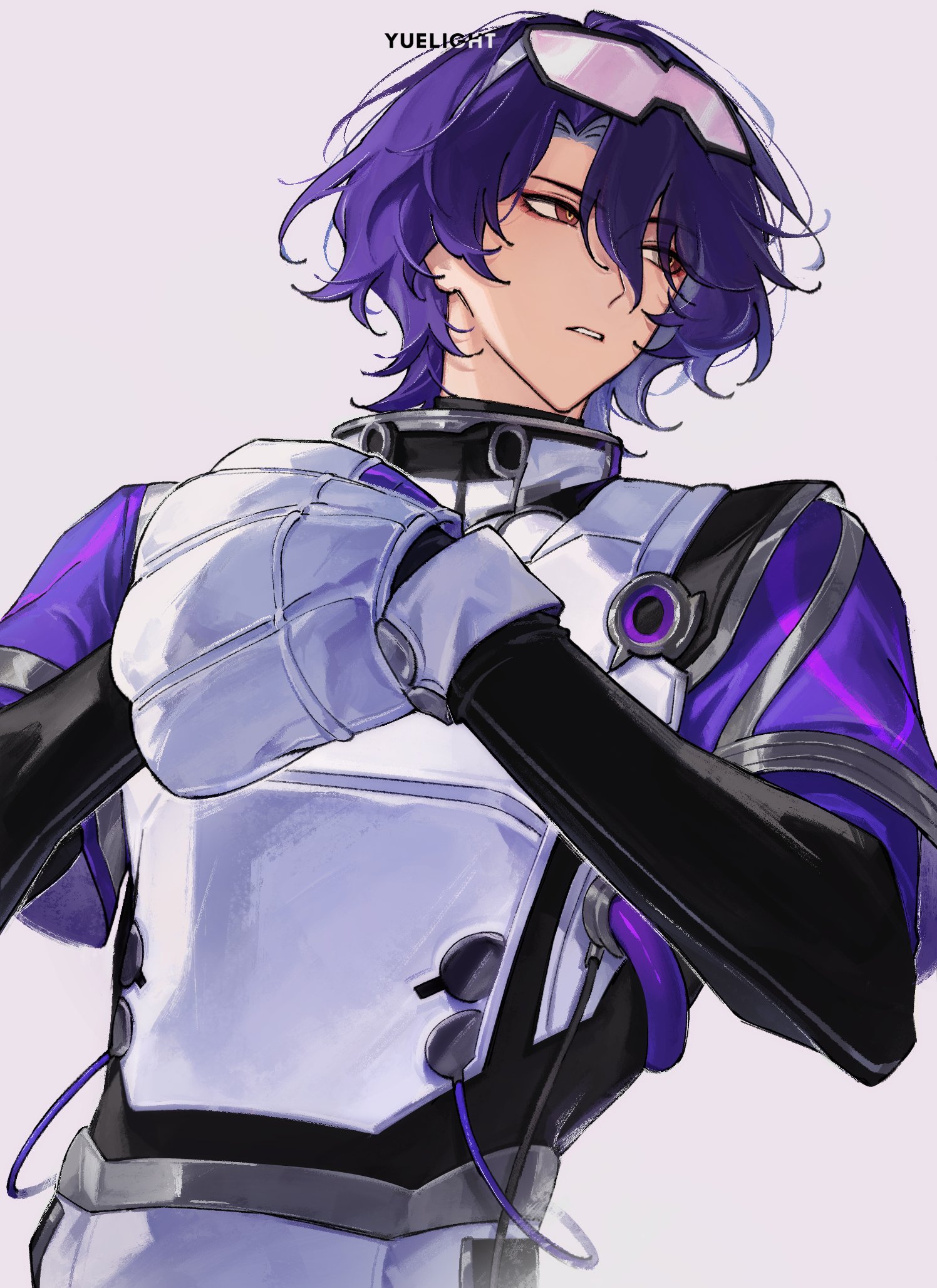 the image is a digital fanart depicting an animestyle male character. he has vibrant purple hair styled in a short, slightly messy cut. he wears a futuristic white armored suit with purple accents and details.  he also has goggles on his head and is wearing large white gloves. the character's expression is serious and focused. the art style is clean and detailed with soft shading and highlights. the background is a simple, light purple, keeping the focus on the character. the artist's signature, "yuelicht," is visible in the upper left corner. the overall aesthetic is a blend of scifi and anime, possibly referencing mecha or similar genres.