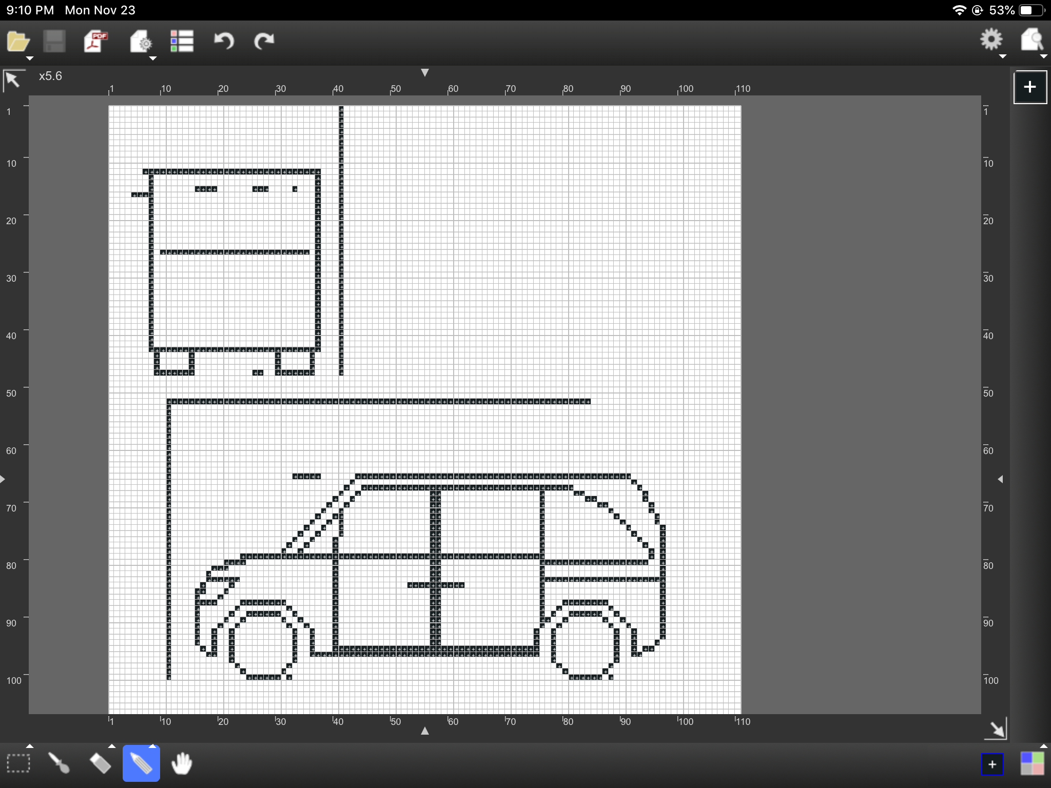 a screenshot from an app that allows pixel art creation. the app is showing a design that consists of a car in a garage. the grid is a grid with squares where the user can place individual pixels.  the car is drawn in black outline and the garage is a simple rectangle. the design is in the middle of the grid, with the rest of the grid being empty. the app's toolbar is visible at the top of the screen.