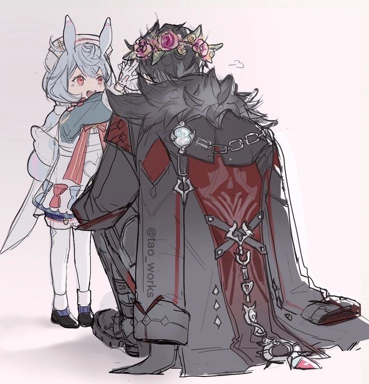 the image is a piece of fanart depicting ganyu (the smaller, bunnyeared character) and scaramouche (the taller character in the long coat) from the popular game genshin impact.  ganyu, in her characteristic outfit, appears to be playfully interacting with scaramouche, who is wearing a dark coat adorned with red detailing and a flower crown. the style is a soft, slightly sketchy anime/manga style.  the overall tone is sweet and gentle, suggesting a tender interaction between the two characters. the artist's watermark (@tao_works) is visible on the image.