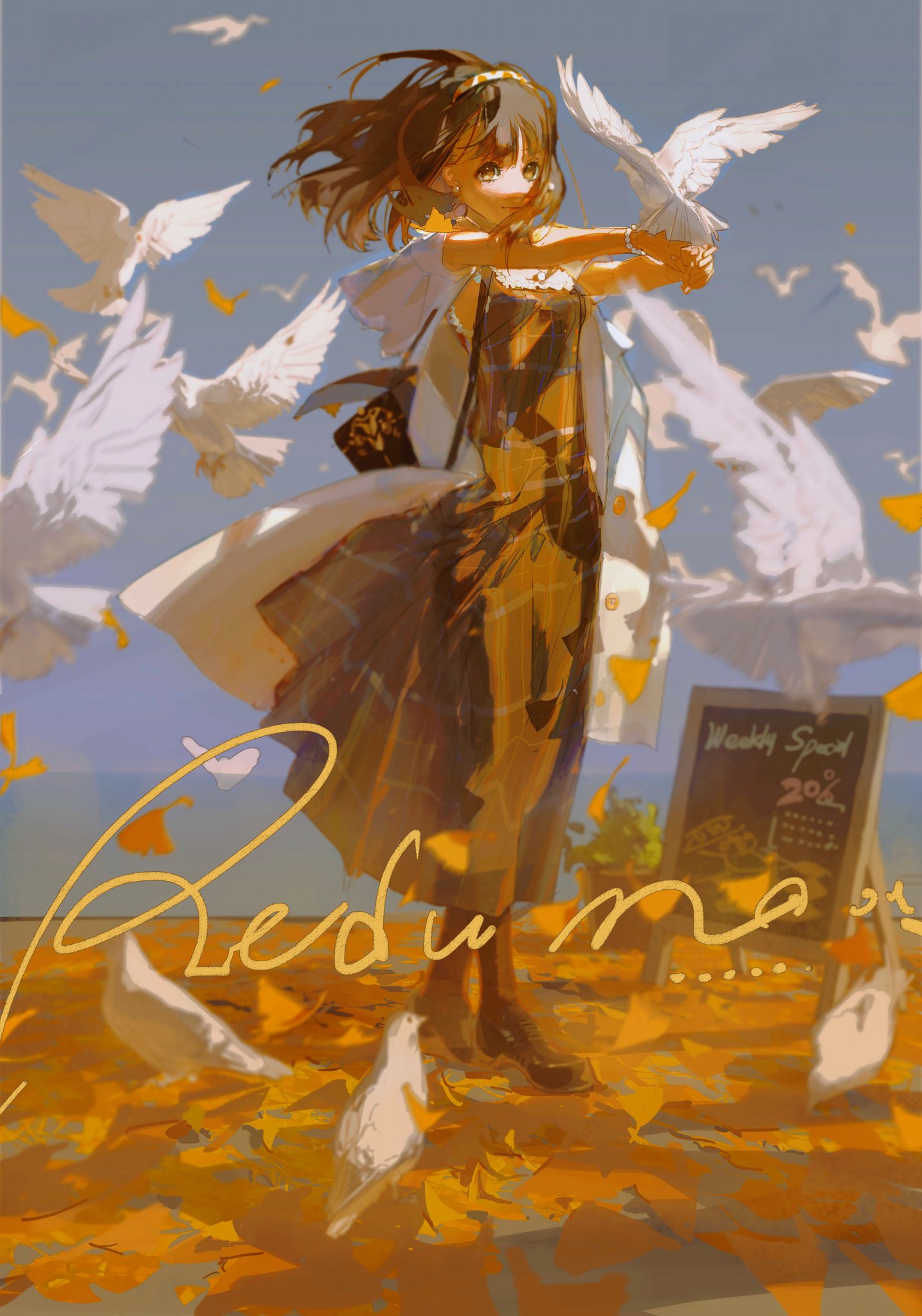 a beautiful anime girl in a yellow and black dress is surrounded by white doves flying in the air. the girl is smiling and looks happy. the background is a beautiful fall scene with yellow leaves on the ground. the image is a digital illustration that is whimsical, dreamy, and magical.