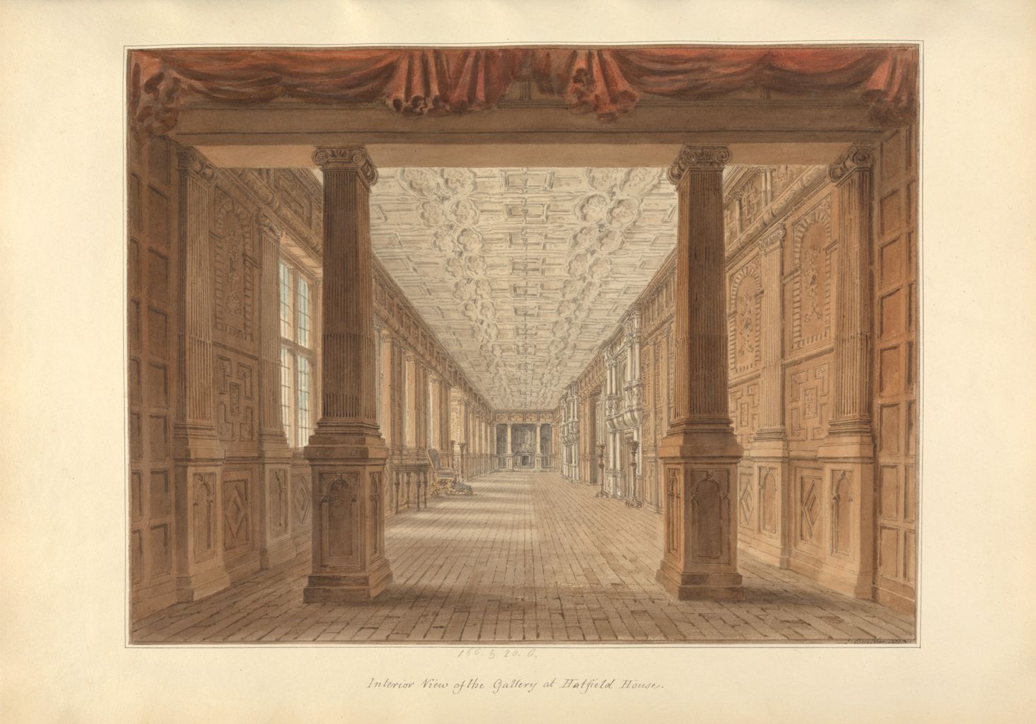 an interior view of the gallery at hatfield house. two large columns frame the view into a long room with woodpaneled walls, a coffered ceiling, and a brick floor. the perspective leads the eye to the end of the gallery where there is a fireplace. a red drapery hangs above the columns. the artwork is done in a watercolor style with detailed rendering of the architectural elements.