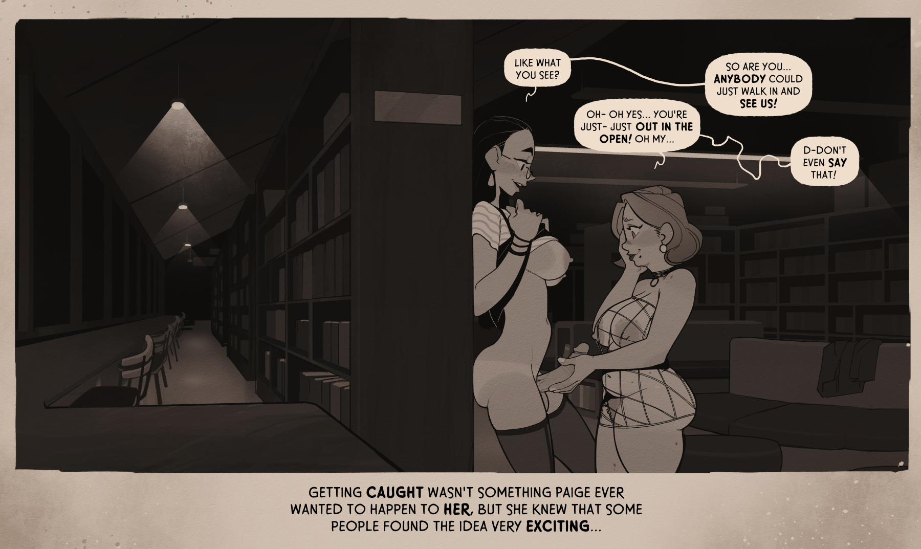 the image is a comicstyle illustration of a couple in a library.  a woman with black stockings and a skirt is standing with her back to the viewer, but leaning forward as if she is being held. the