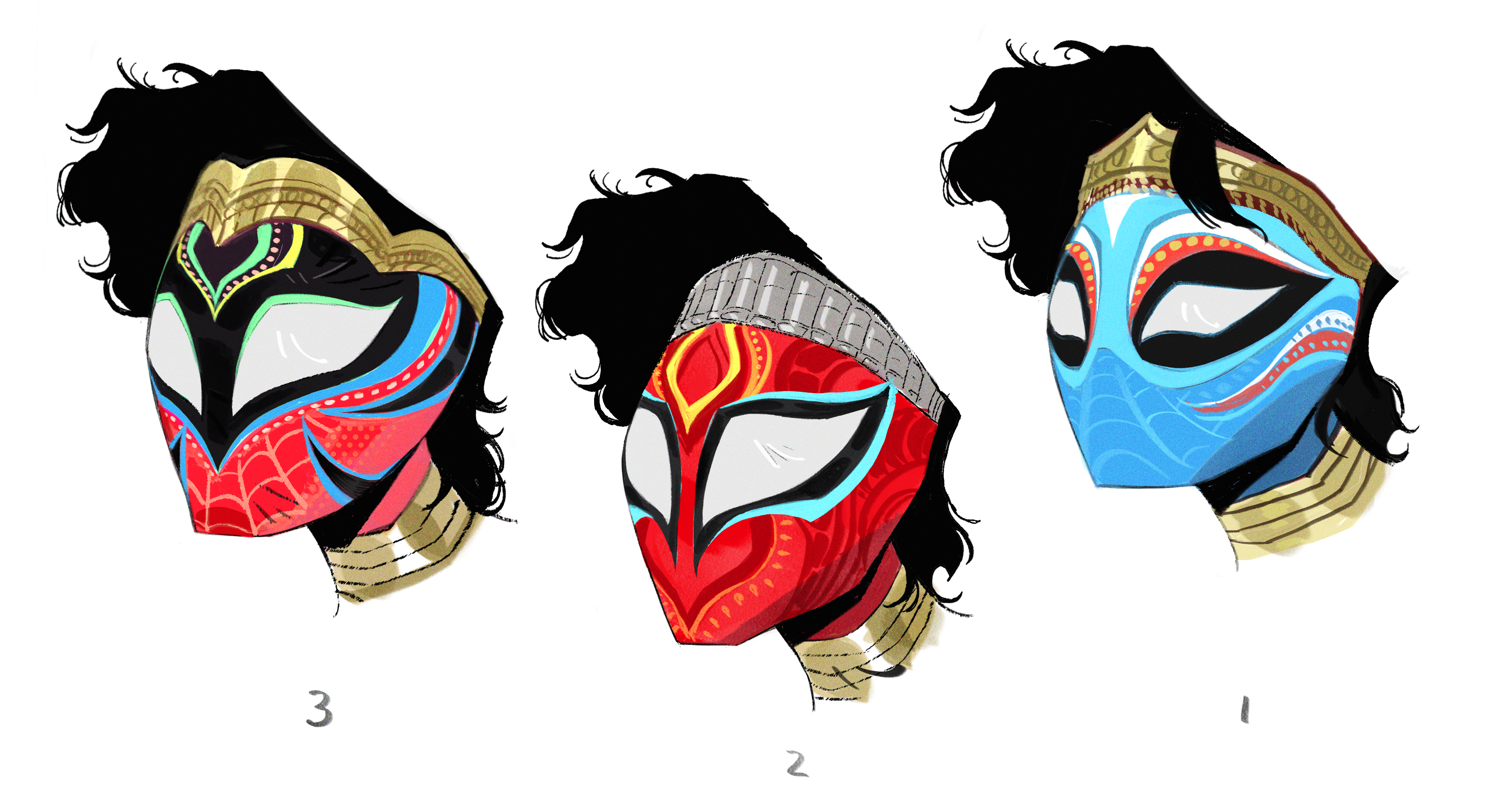 the image contains three different designs for a superhero mask, each with its own unique style. the first mask is blue with red and yellow detailing. the second mask is red with blue and yellow detailing. the third mask is a black and red spiderlike design.  all three masks feature gold headbands and are drawn in a bold, cartoonish style. the masks are set against a white background.